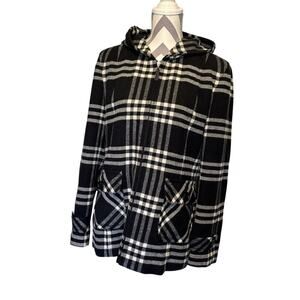 Black White Plaid Jacket Hoodie Giacca Gallery Large Soft Lined Back Yoke Wool